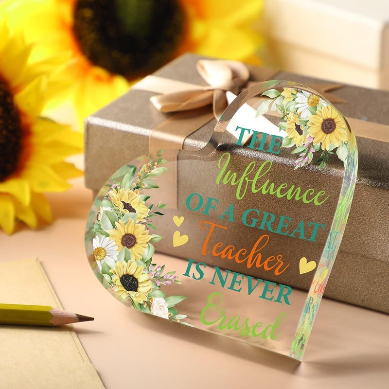 Perthlin Acrylic Teacher Appreciation Gifts for Women Teacher Christmas Gifts Thank You Teachers Gift from Student Retirement Present for Office Desk Paperweight Keepsake Decor(Heart Sunflower) - Image 2